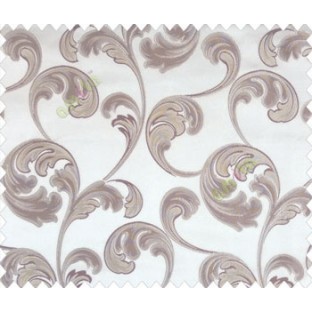Large scroll with beige brown flower with embossed look on khaki brown shiny fabric main curtain